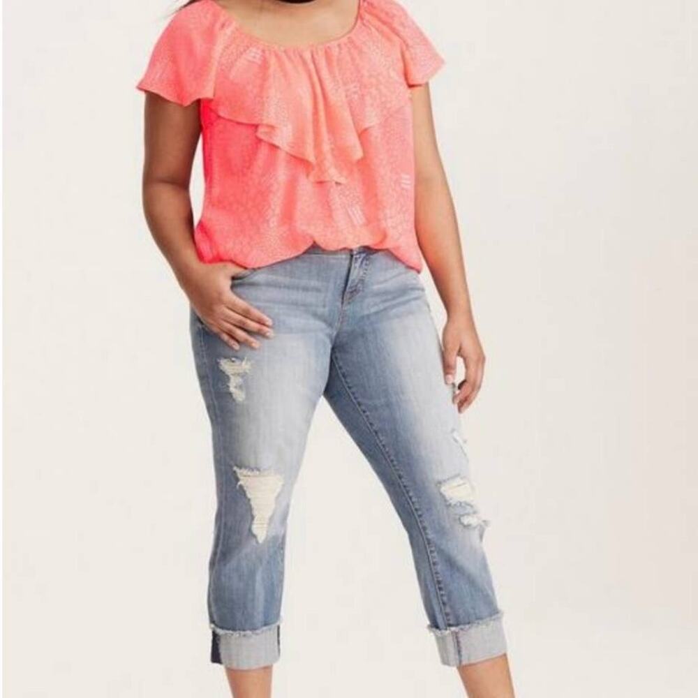 TORRID Coral Orange Print Ruffle Front Scoop Neck Blouse Size 00 (Medium)